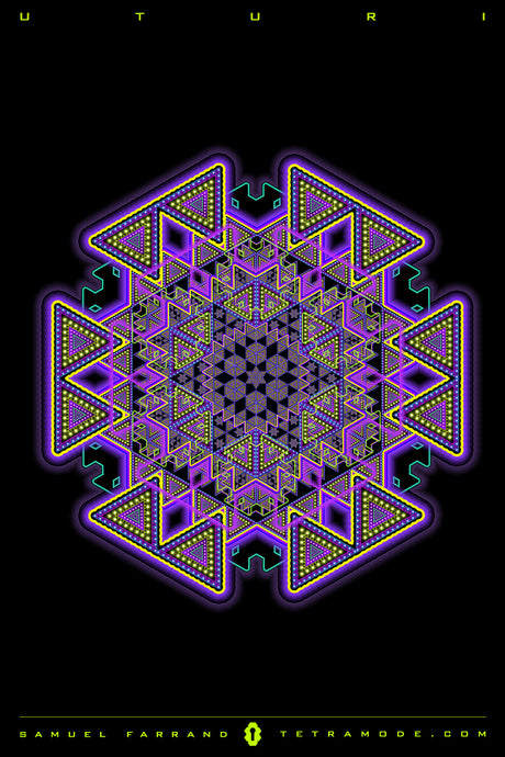 Uturi artwork by Samuel Farrand featuring a symmetrical mandala of interlocking neon triangles and geometric patterns on a black background