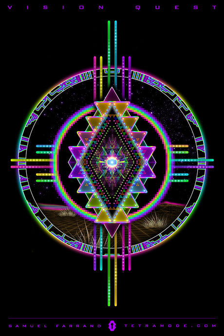 Vision Quest artwork by Samuel Farrand featuring a symmetrical neon mandala of interlocking triangles and cosmic rainbow elements against a starry black background