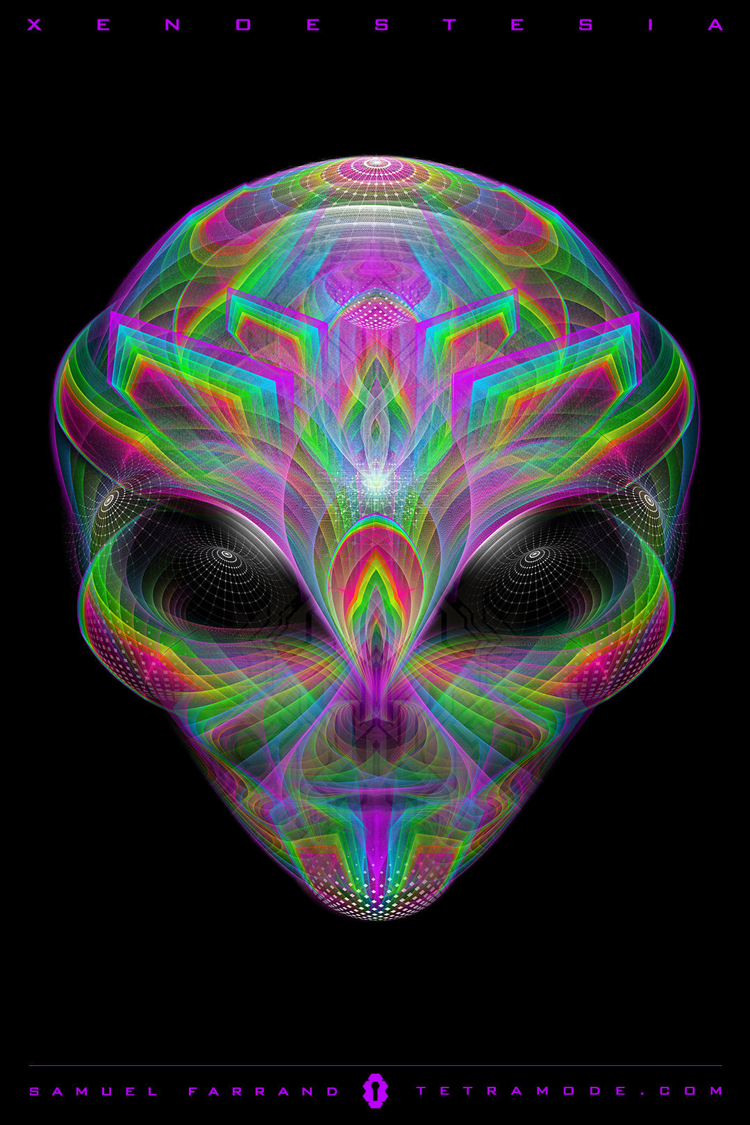 Xenoesthesia artwork by Samuel Farrand depicting a glowing alien head made from intricate neon fractals, rainbow light patterns, and geometric symmetry on a black background