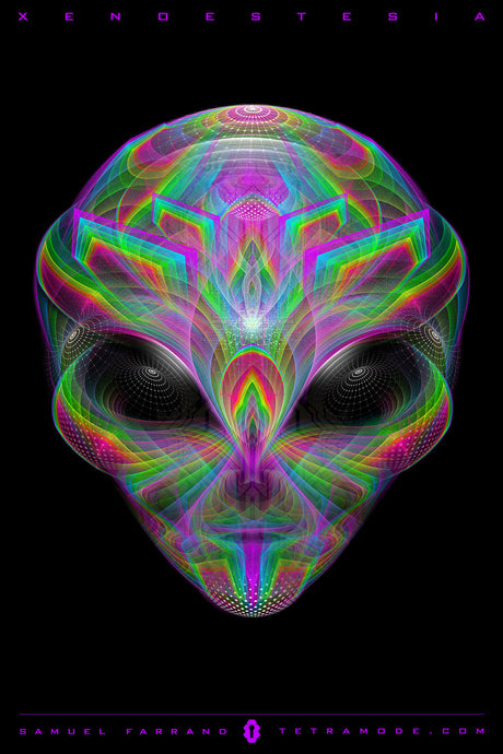 Xenoesthesia artwork by Samuel Farrand depicting a glowing alien head made from intricate neon fractals, rainbow light patterns, and geometric symmetry on a black background