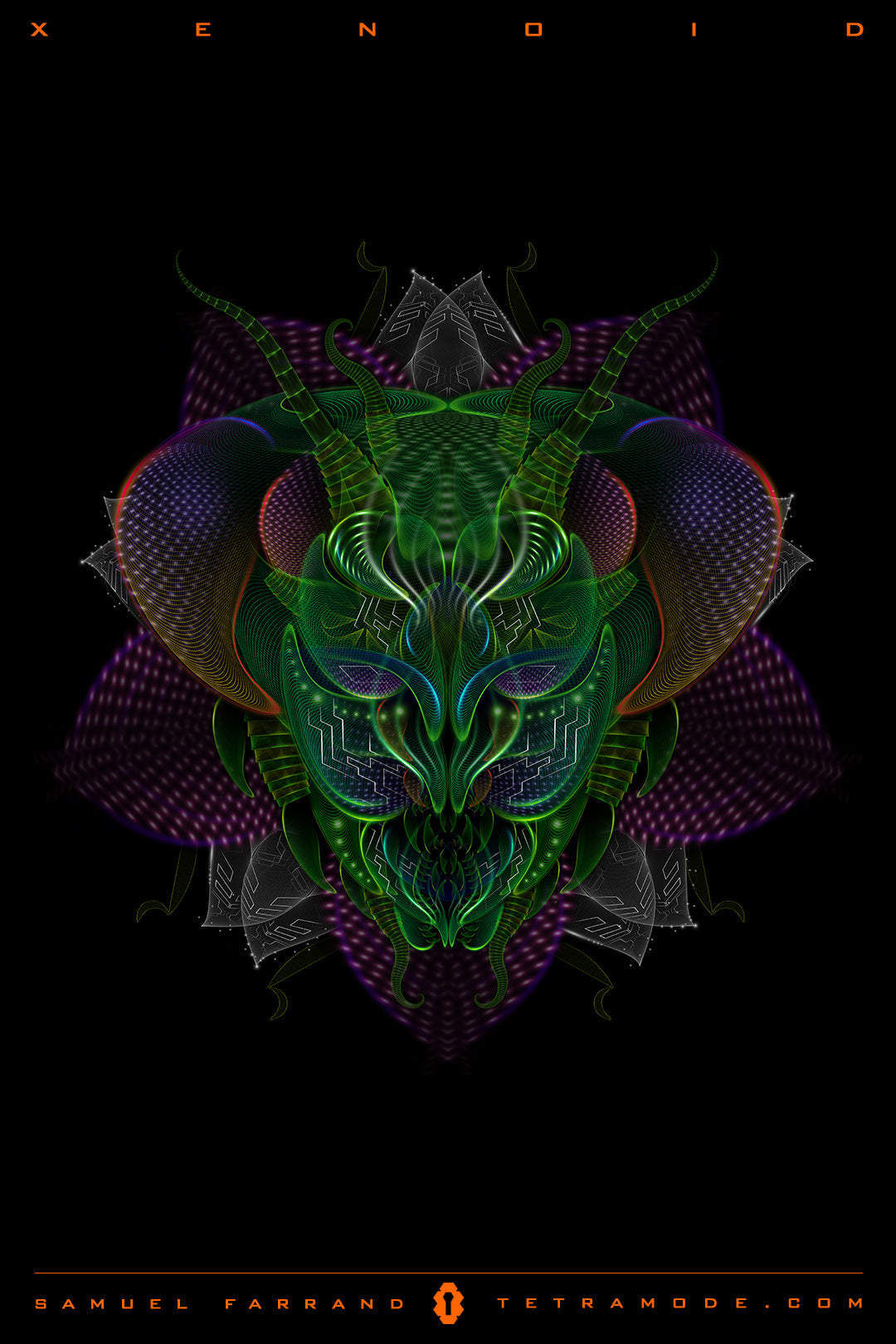 Xenoid artwork by Samuel Farrand showing alien-like green and purple creature with horned head, biomechanical textures, and glowing layered patterns