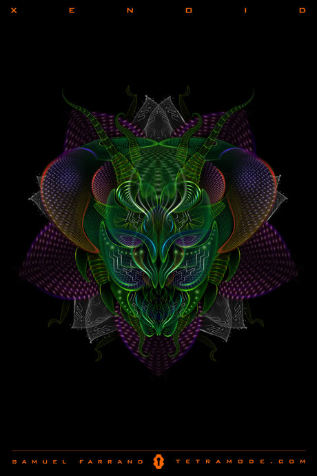 Xenoid artwork by Samuel Farrand showing alien-like green and purple creature with horned head, biomechanical textures, and glowing layered patterns