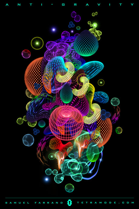 Anti-Gravity artwork of colorful glowing spheres and geometric forms floating in black space by Samuel Farrand