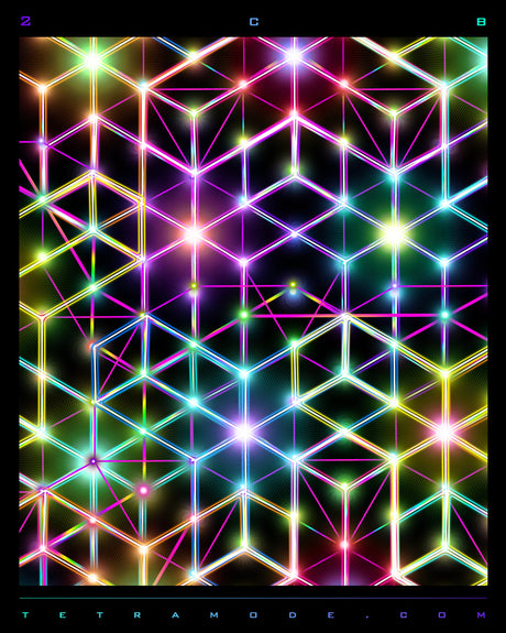2CB crackles with electric geometry—an iridescent grid of neon prisms, bending light and warping perception in a rhythmic dance of sacred symmetry.