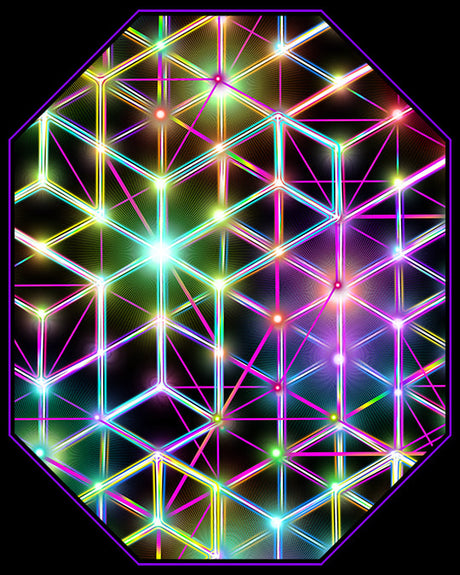 2CB crackles with electric geometry—an iridescent grid of neon prisms, bending light and warping perception in a rhythmic dance of sacred symmetry.