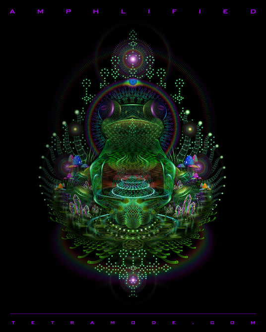 Glowing frog deity sits at the center of a psychedelic jungle temple, surrounded by bioluminescent mushrooms, crystal structures, and fractal energy. A tribute to amplified nature and visionary transformation.