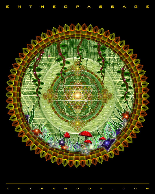 Sacred portal wrapped in vines, glowing mushrooms, and geometric grids. At its center, golden light radiates from a Merkaba star, symbolizing the entheogenic journey into plant intelligence and inner realms.