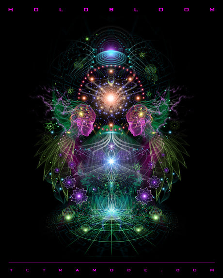 Two luminous spirit faces bloom from a lotus of fractal energy, surrounded by crystalline stars, sacred geometry, and a radiant cosmic sun at the center.