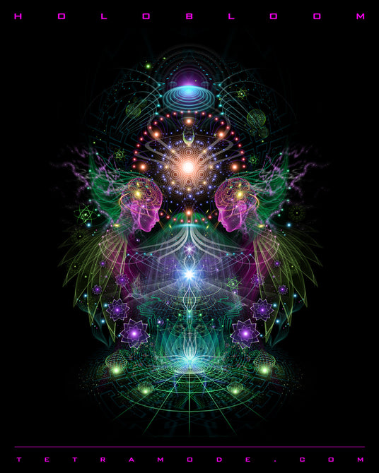 Two luminous spirit faces bloom from a lotus of fractal energy, surrounded by crystalline stars, sacred geometry, and a radiant cosmic sun at the center.