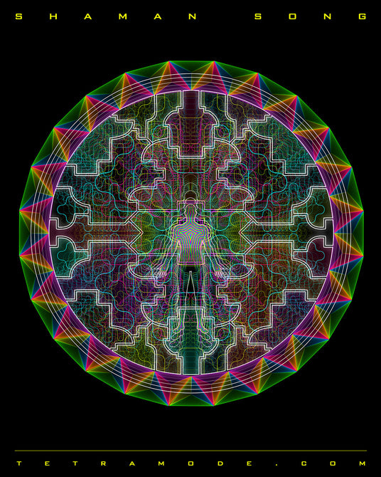 Human figure radiates from the center of a complex neon mandala, surrounded by tribal patterns and symmetrical fractals. Inspired by Icaros, this piece visualizes the vibrational maps of shamanic song and healing energy.