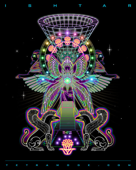 Visionary depiction of Ishtar with radiant wings, cosmic geometry, and glowing lotus motifs. Flanked by mythic guardians, she stands before a neon ziggurat with sacred symbols, merging Mesopotamian mythology and psychedelic art.