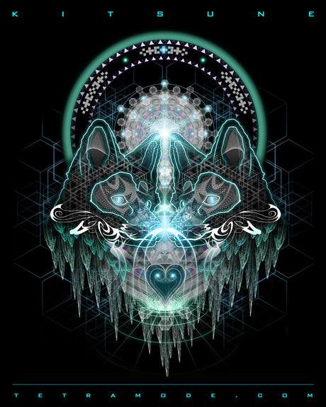 Twin fox spirits merge through crystalline symmetry and glowing cybernetic patterns. Surrounded by sacred geometry and icy elegance, the Kitsune radiates mysticism, protection, and otherworldly intelligence.