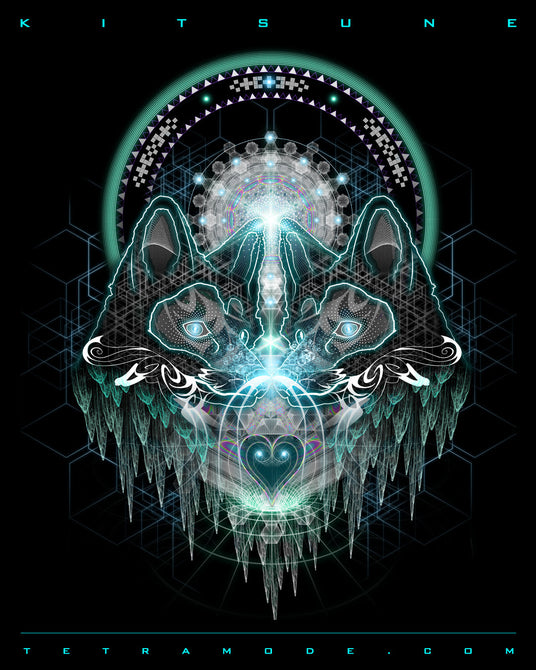 Twin fox spirits merge through crystalline symmetry and glowing cybernetic patterns. Surrounded by sacred geometry and icy elegance, the Kitsune radiates mysticism, protection, and otherworldly intelligence.