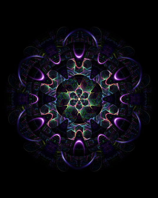 Fractal mandala with neon-lit petals, glowing cubes, and digital textures. A kaleidoscopic bloom radiates from the center, evoking multidimensional symmetry and cosmic intelligence.