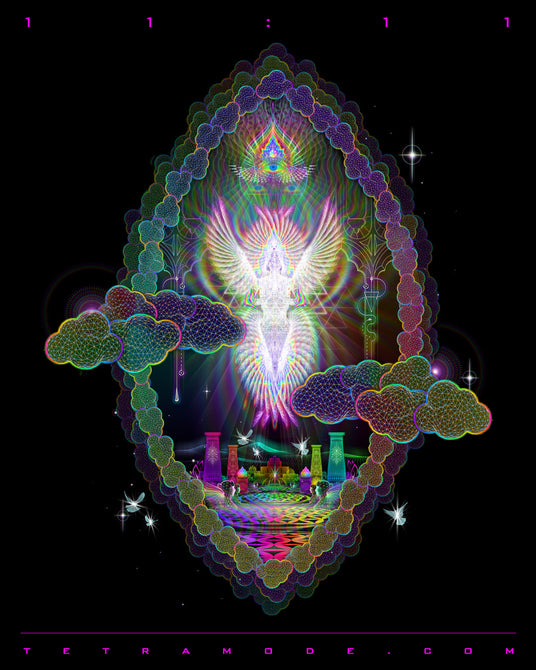 Celestial angelic being radiates rainbow light, framed by glowing clouds and sacred geometry. Below, a dreamlike temple floats in space, representing divine synchronicity, ascension, and the portal energy of 11:11.