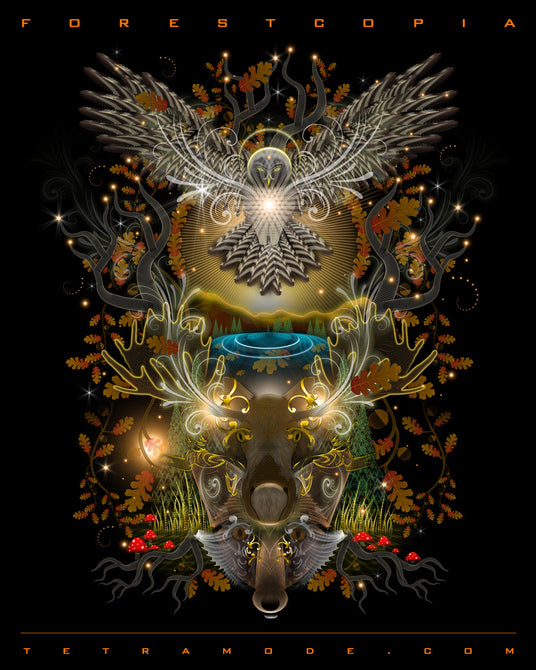 A glowing owl soars above a mystical stag crowned with antlers of golden branches, framed by autumn leaves, mushrooms, and forest energy.