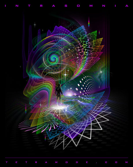 A silhouetted figure walks through a swirling dreamscape of neon spirals, flowing waves, and cosmic patterns, framed by the outline of a glowing face.