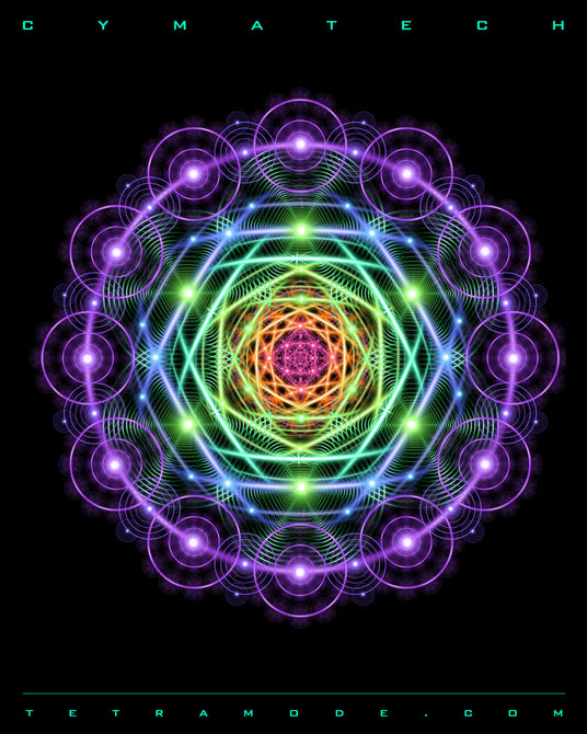 Radiant cymatic mandala with layered neon rings, harmonic patterns, and sacred geometry. A fusion of sound visualization and futuristic technology, symbolizing vibrational intelligence and energetic coherence.