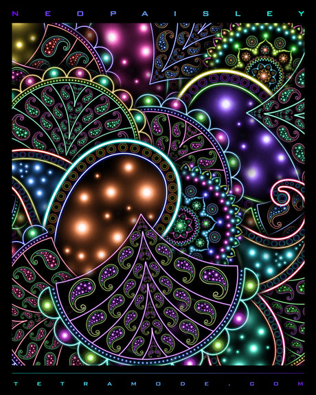 A vibrant reimagining of the iconic paisley pattern, Neopaisley explodes with neon energy and glowing fractals—paying homage to the counterculture era while illuminating a modern psychedelic spirit.
