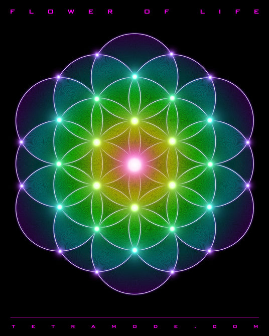 Sacred geometry of the Flower of Life glows in radiant green, yellow, and pink hues. Overlapping circles form a luminous pattern symbolizing unity, creation, and the interconnectedness of all life.