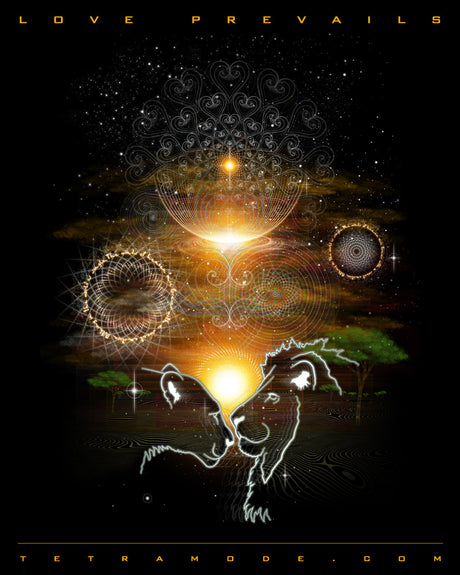 Two glowing lions nuzzle under a golden cosmic sky, surrounded by radiant mandalas and swirling starlight. Set against an African landscape, the piece symbolizes unity, divine love, and sacred connection.