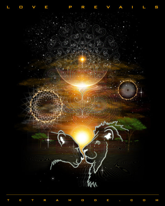 Two glowing lions nuzzle under a golden cosmic sky, surrounded by radiant mandalas and swirling starlight. Set against an African landscape, the piece symbolizes unity, divine love, and sacred connection.