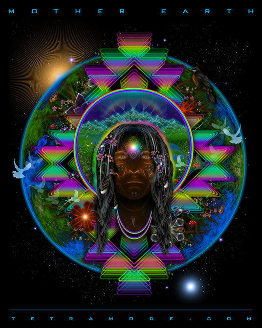 Earth goddess face emerges from a radiant, flower-filled planet surrounded by rainbow geometry, cosmic skies, and sacred animals. A tribute to the divine feminine, nature’s harmony, and planetary consciousness.