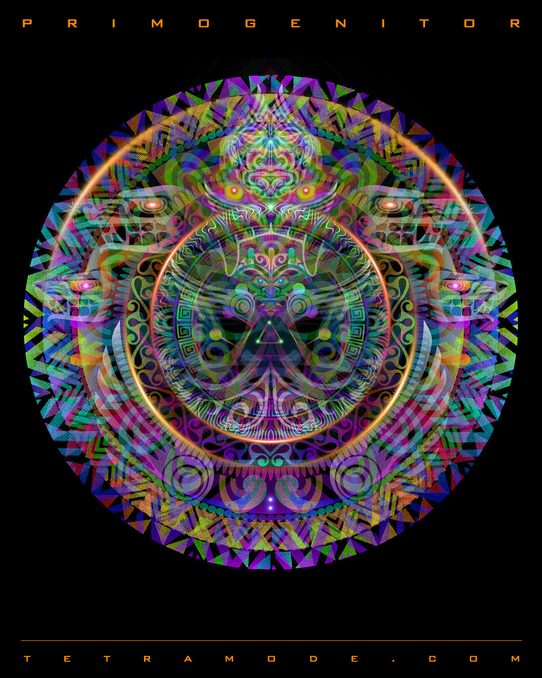 Ancient cosmic face formed from tribal patterns, swirling fractals, and vibrant rainbow layers. A primal archetype emerges from the void, representing the first ancestor, origin consciousness, and sacred geometry.
