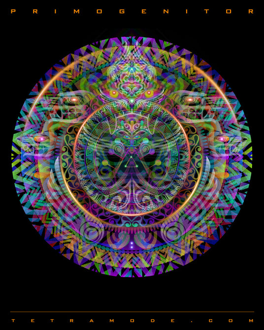 Ancient cosmic face formed from tribal patterns, swirling fractals, and vibrant rainbow layers. A primal archetype emerges from the void, representing the first ancestor, origin consciousness, and sacred geometry.