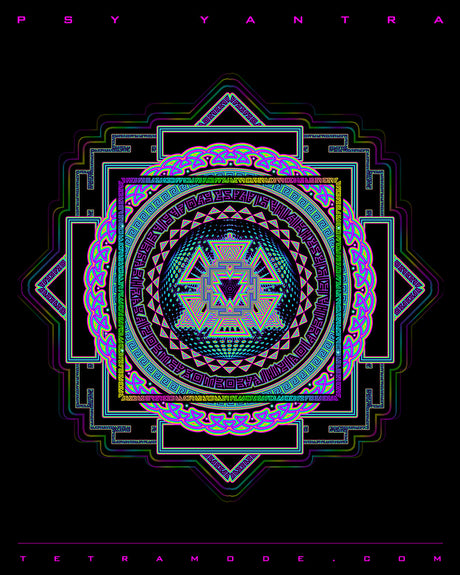 Vibrant neon yantra composed of nested triangles, sacred patterns, and glowing mandala rings. A psychedelic reinterpretation of the Sri Yantra, symbolizing cosmic order, inner focus, and divine intelligence.