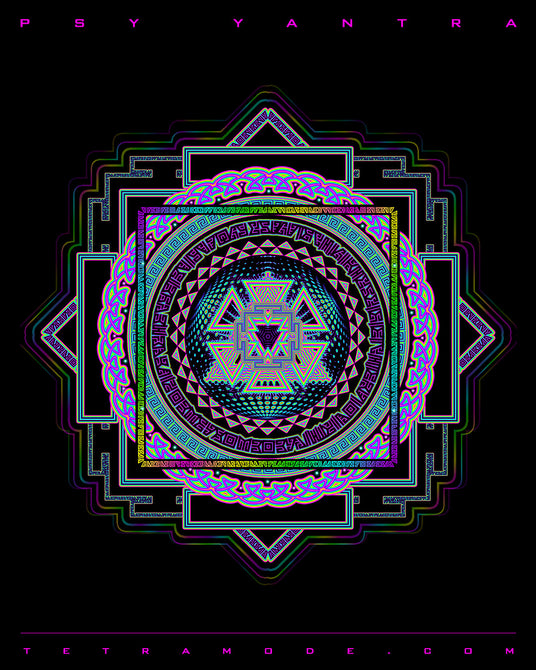 Vibrant neon yantra composed of nested triangles, sacred patterns, and glowing mandala rings. A psychedelic reinterpretation of the Sri Yantra, symbolizing cosmic order, inner focus, and divine intelligence.