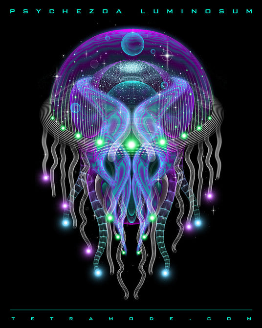 Surreal neon jellyfish with cosmic dome, glowing tendrils, and radiant orbs. A fusion of oceanic life and galactic energy in vibrant purples, blues, and greens on a black background.