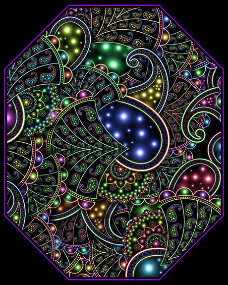 A vibrant reimagining of the iconic paisley pattern, Neopaisley explodes with neon energy and glowing fractals—paying homage to the counterculture era while illuminating a modern psychedelic spirit.