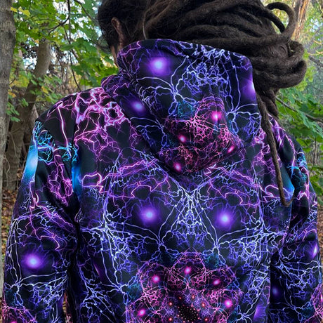 Unisex psytrance hoodie featuring bold psychedelic patterns