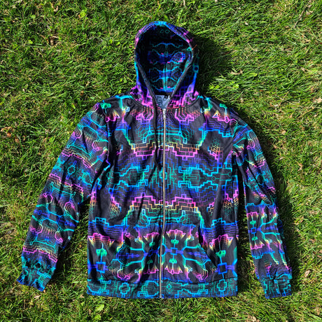 Techno Shamanic RGB hoodie with vibrant electro urban visionary style