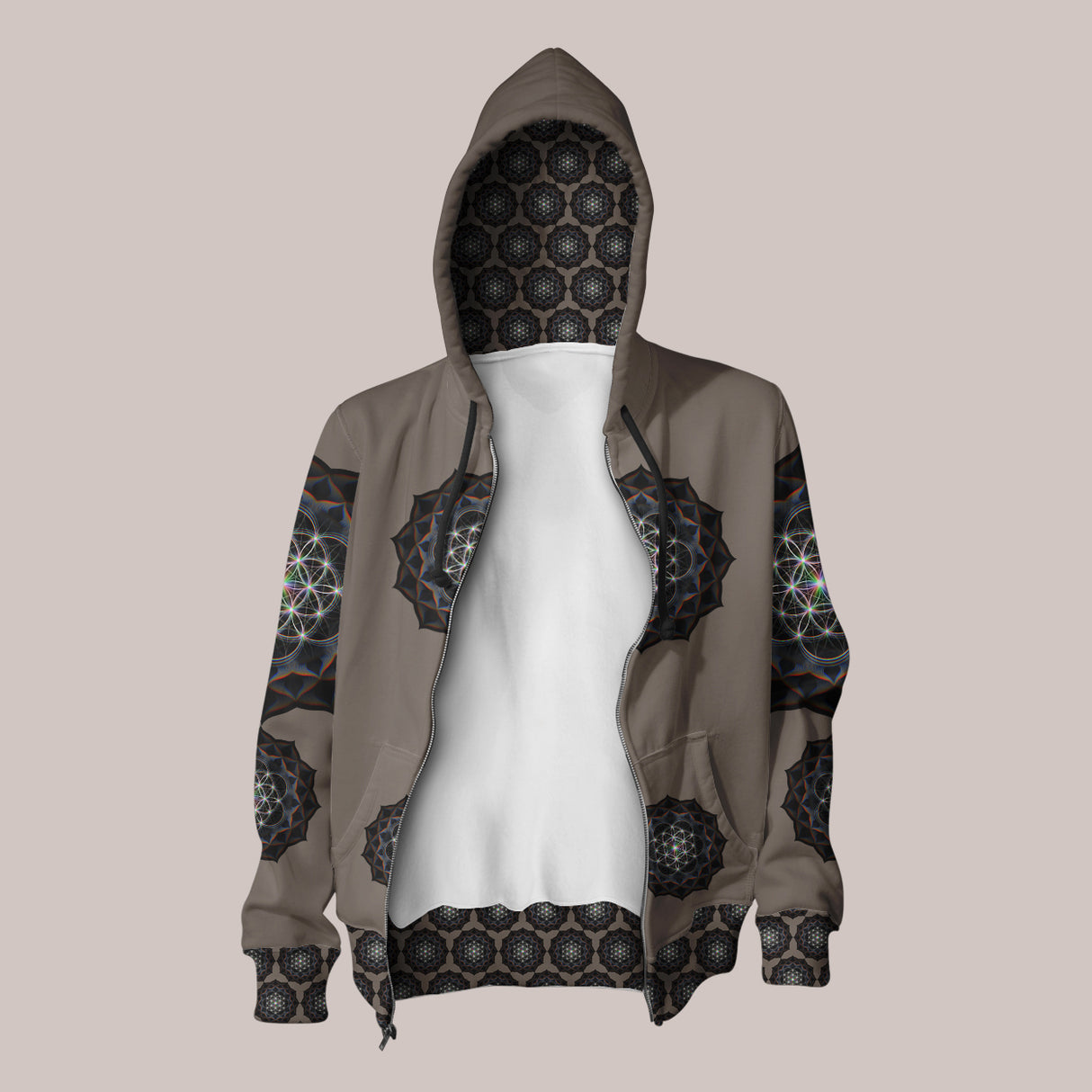 Psytrance hoodie with vibrant lotus flower-inspired mandala pattern