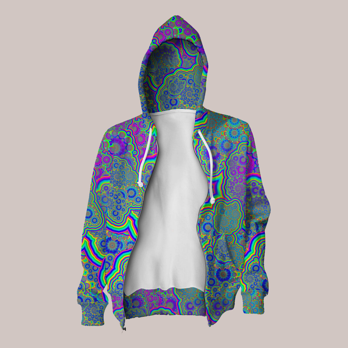 Fade-proof hoodie featuring vibrant liquid fractal patterns