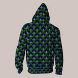back - Green and Violet Hoodie with Geometric Peacock Design and Trippy Teardrop Pattern