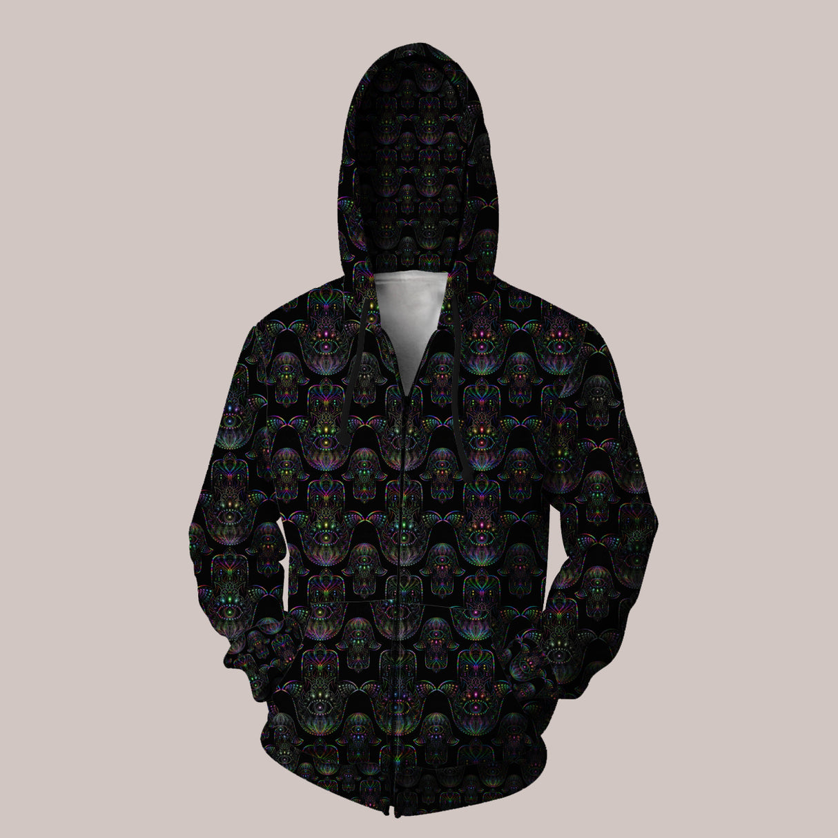Hamsa trippy evil eye hoodie with psychedelic protective design