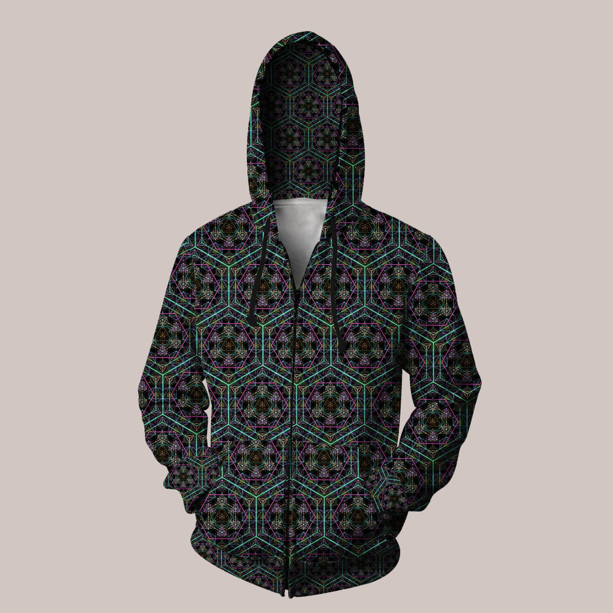 Hypergeometry neon platonic solids hoodie with vibrant geometric patterns