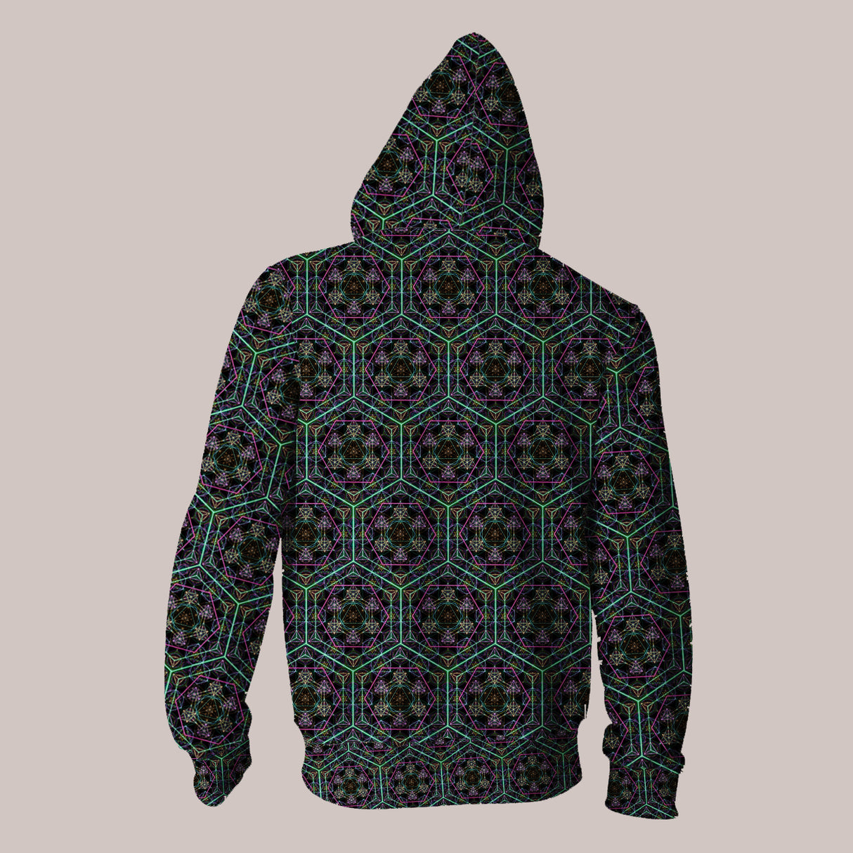Bold neon hoodie featuring eye-catching platonic solid shapes