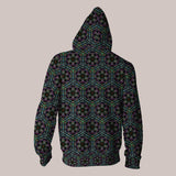 Bold neon hoodie featuring eye-catching platonic solid shapes
