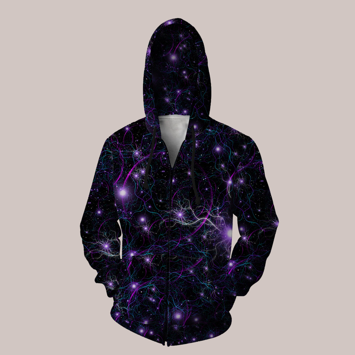 Laniakea cosmic galaxies psychedelic hoodie with vibrant galactic patterns
