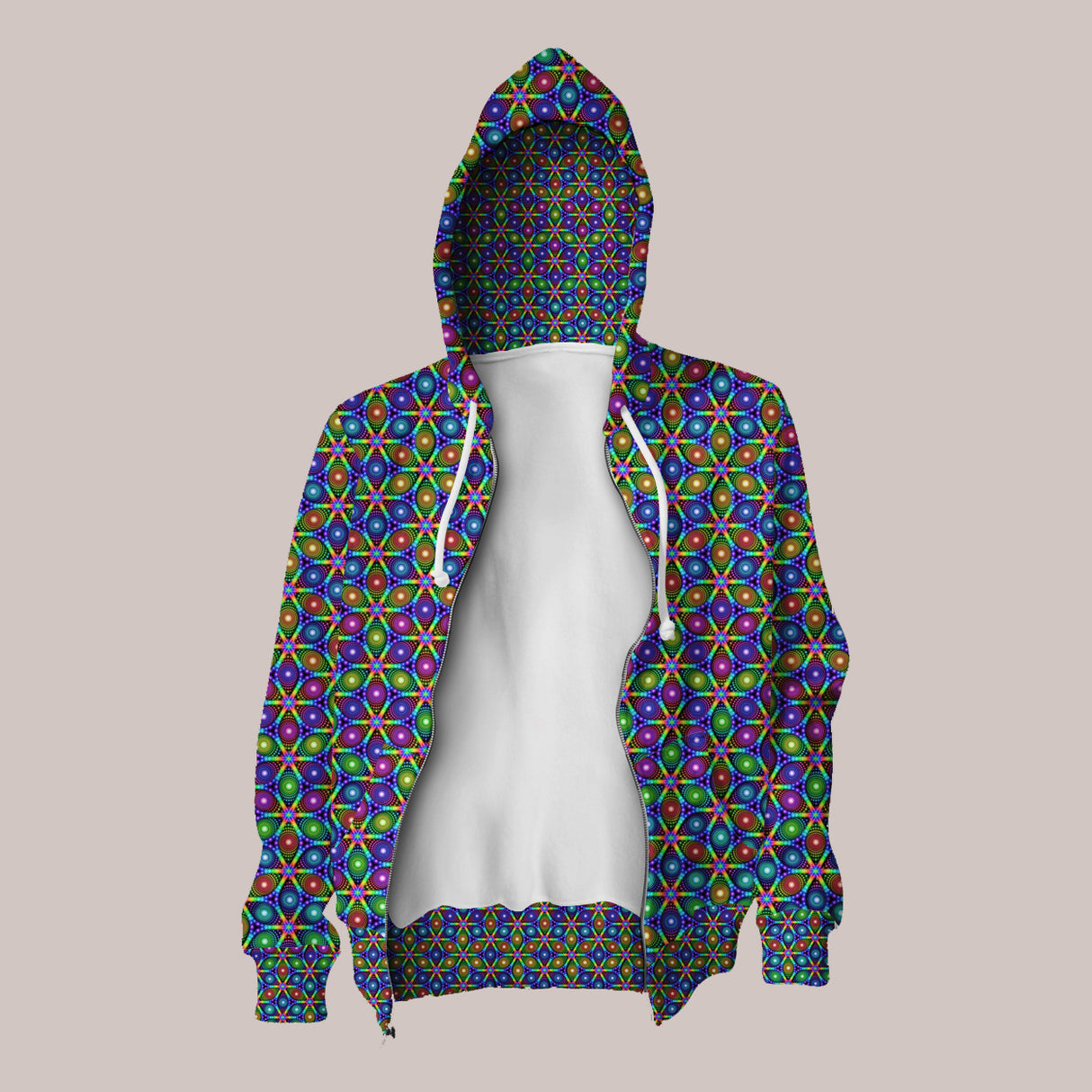 Electric geometric hoodie designed for vibrant festival style