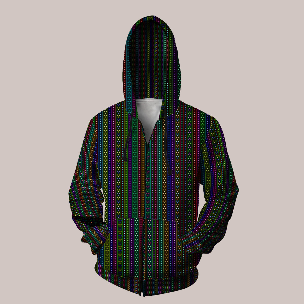 Modelo cosmic striped festival hoodie with bold trippy aesthetics