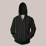 Modelo cosmic striped festival hoodie with bold trippy aesthetics