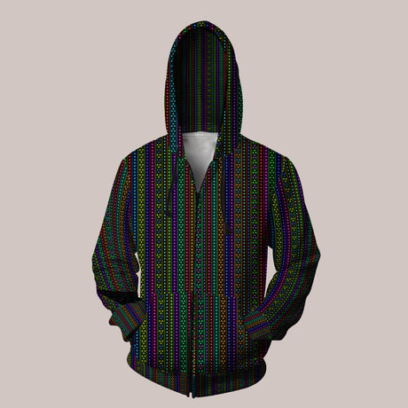 Modelo cosmic striped festival hoodie with bold trippy aesthetics