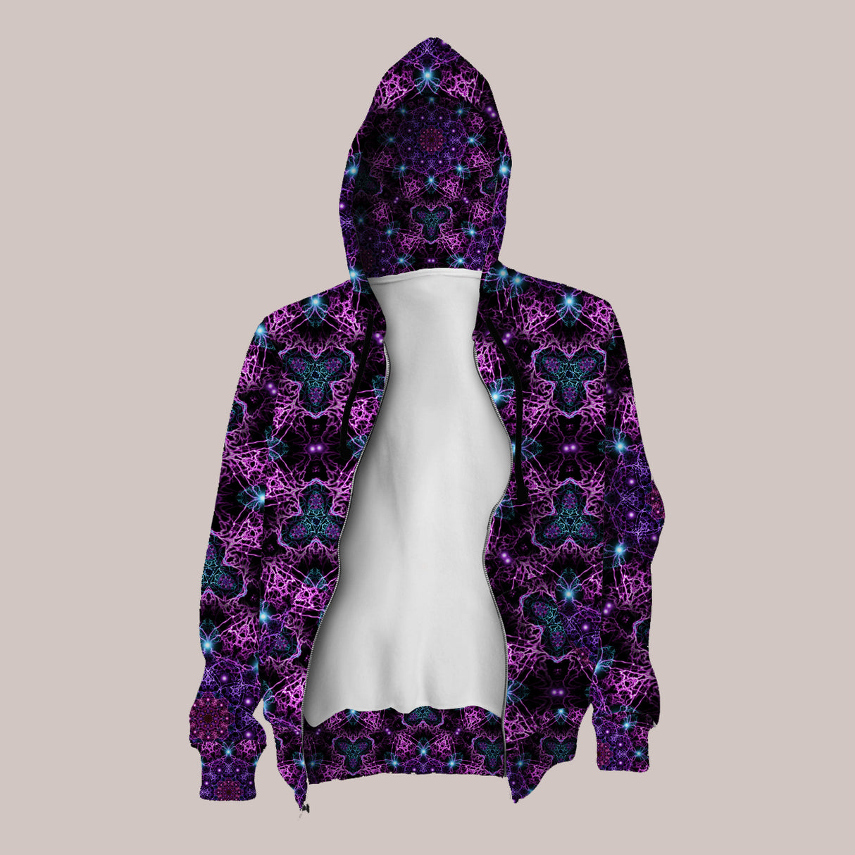 Bold psytrance hoodie with electrifying cellular-inspired design