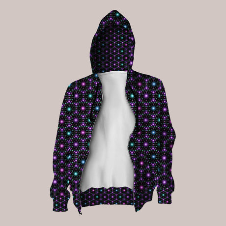 Fade-resistant hoodie featuring intricate grid design for mystics