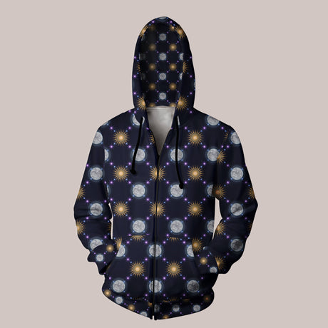 Celestial Bodies sun & moon esoteric hoodie with mystical design